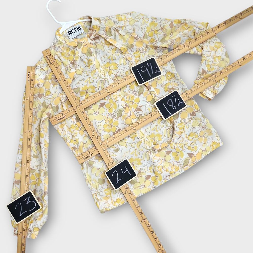 ACT III Vintage Blouse Women's Size Medium Butter Yellow Floral Bow Neckline - Picture 5 of 16